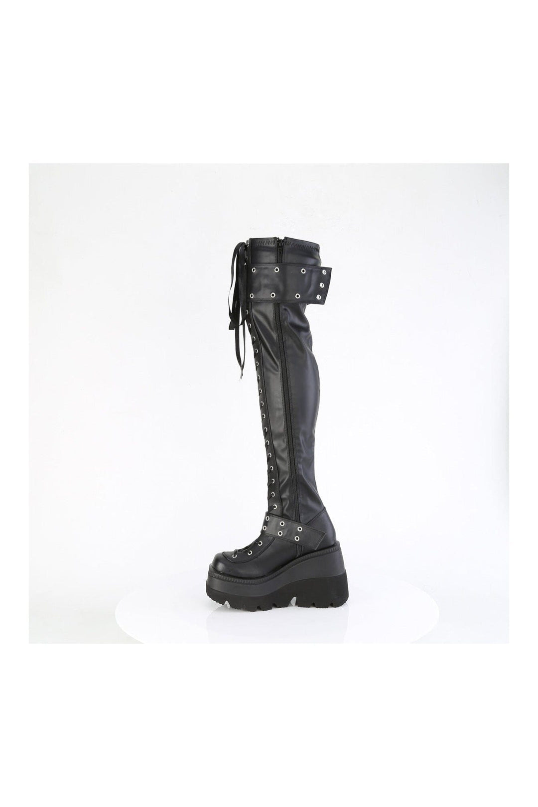 Demonia SHAKER-325 Black Vegan Leather Thigh Boot in Black Vegan Leather