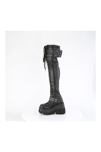 Demonia SHAKER-325 Black Vegan Leather Thigh Boot in Black Vegan Leather