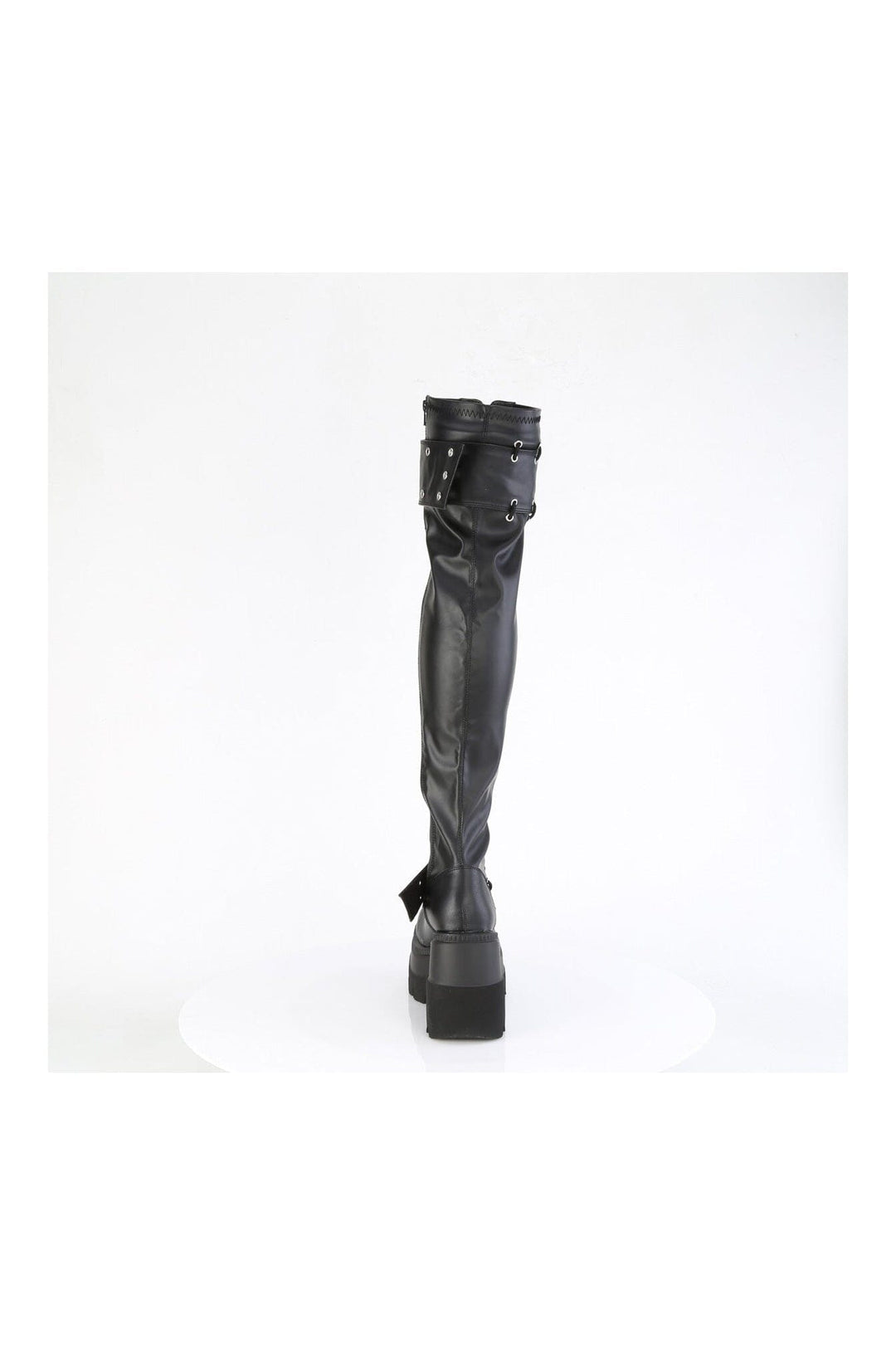 Demonia SHAKER-325 Black Vegan Leather Thigh Boot in Black Vegan Leather