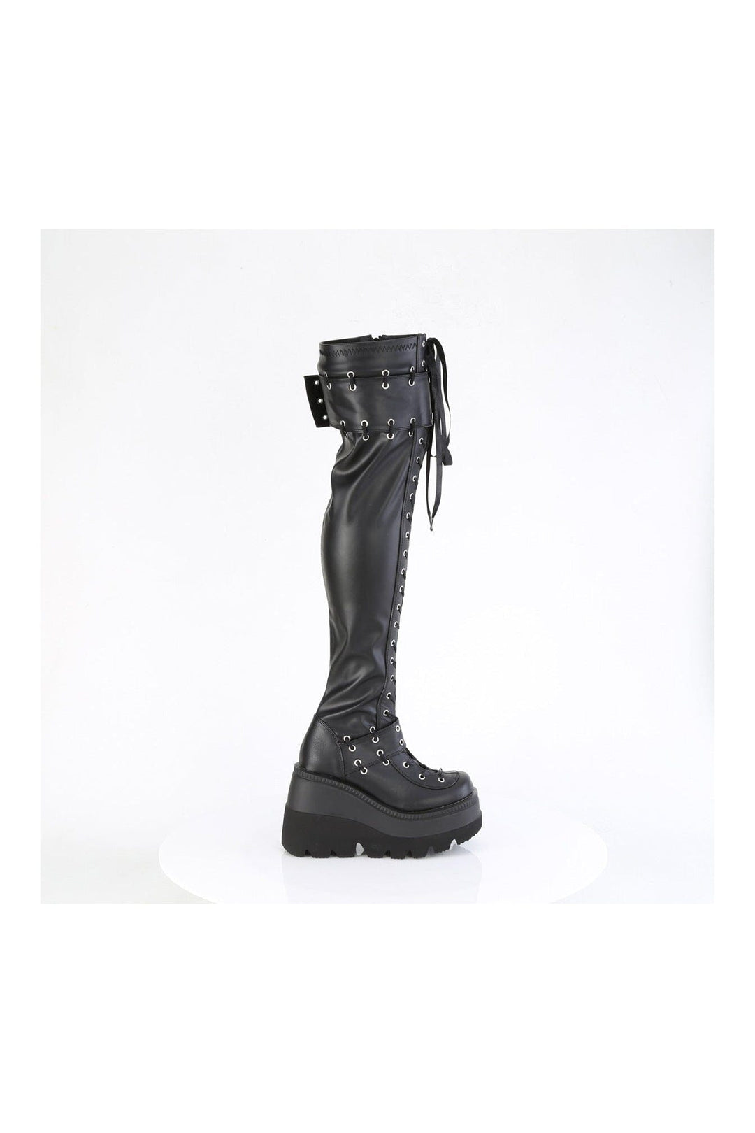 Demonia SHAKER-325 Black Vegan Leather Thigh Boot in Black Vegan Leather