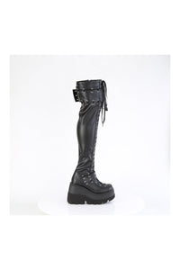 Demonia SHAKER-325 Black Vegan Leather Thigh Boot in Black Vegan Leather