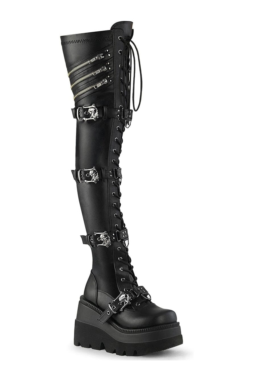 Demonia SHAKER-420 Black Vegan Leather Thigh Boot in Black Vegan Leather from SexyShoes.com