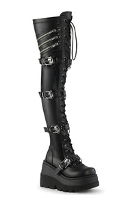 Demonia SHAKER-420 Black Vegan Leather Thigh Boot in Black Vegan Leather from SexyShoes.com