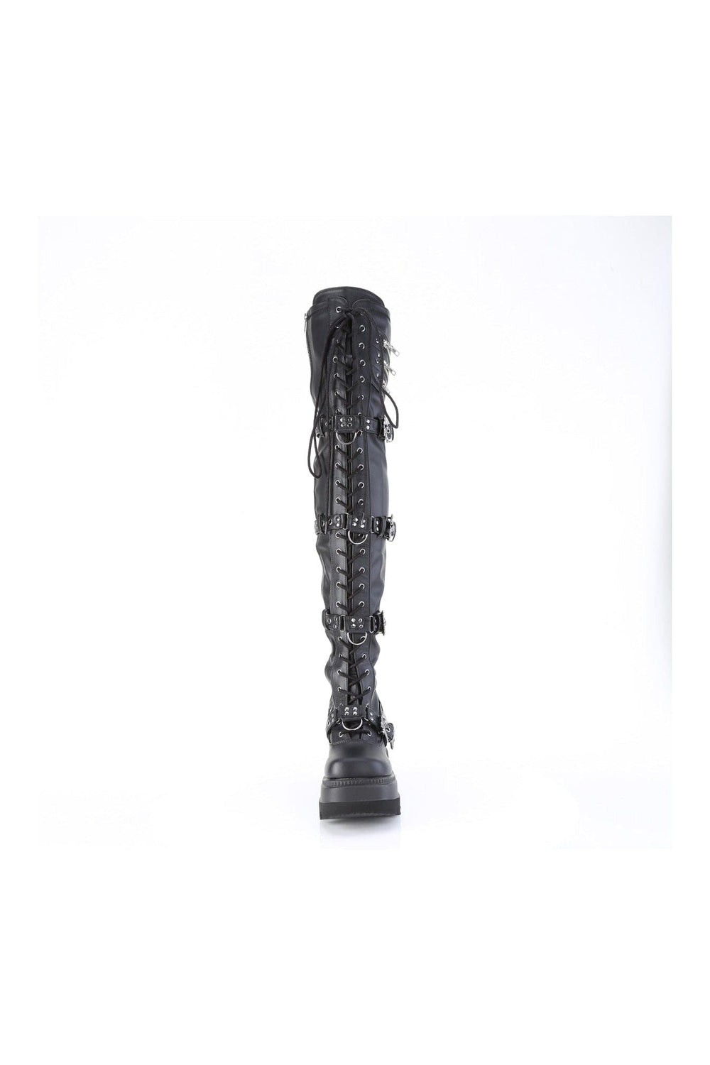 Demonia SHAKER-420 Black Vegan Leather Thigh Boot in Black Vegan Leather