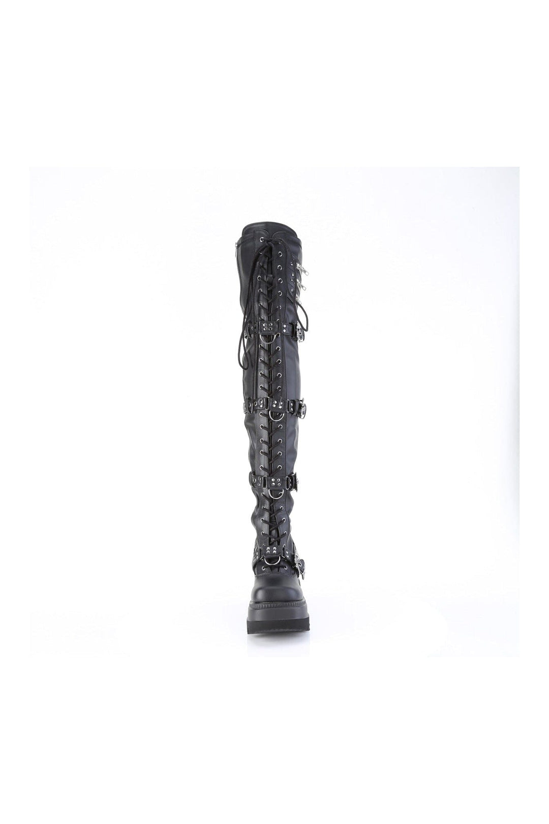 Demonia SHAKER-420 Black Vegan Leather Thigh Boot in Black Vegan Leather