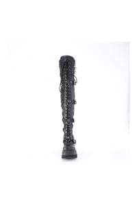 Demonia SHAKER-420 Black Vegan Leather Thigh Boot in Black Vegan Leather