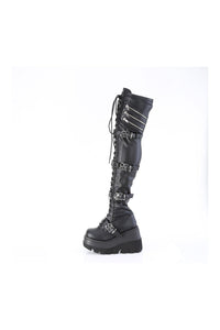 Demonia SHAKER-420 Black Vegan Leather Thigh Boot in Black Vegan Leather