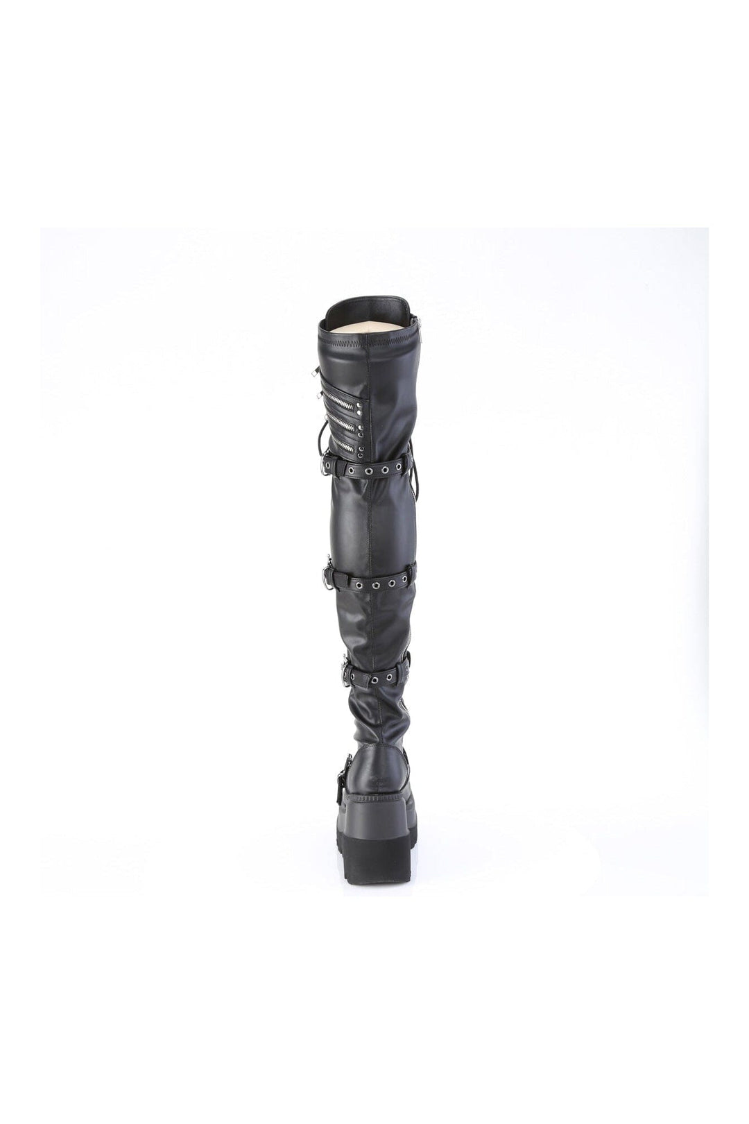 Demonia SHAKER-420 Black Vegan Leather Thigh Boot in Black Vegan Leather