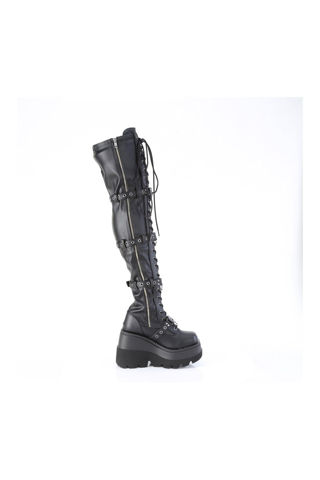 Demonia SHAKER-420 Black Vegan Leather Thigh Boot in Black Vegan Leather