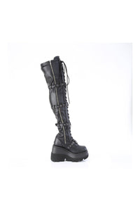 Demonia SHAKER-420 Black Vegan Leather Thigh Boot in Black Vegan Leather