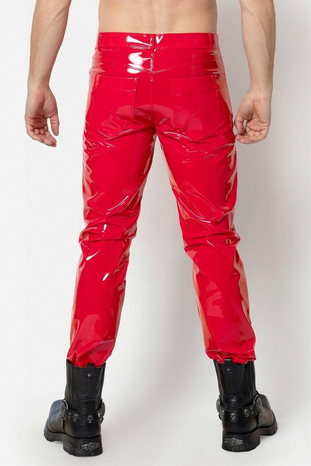 L'HOMME SHAWN Hot Red Vinyl Trousers in Red 