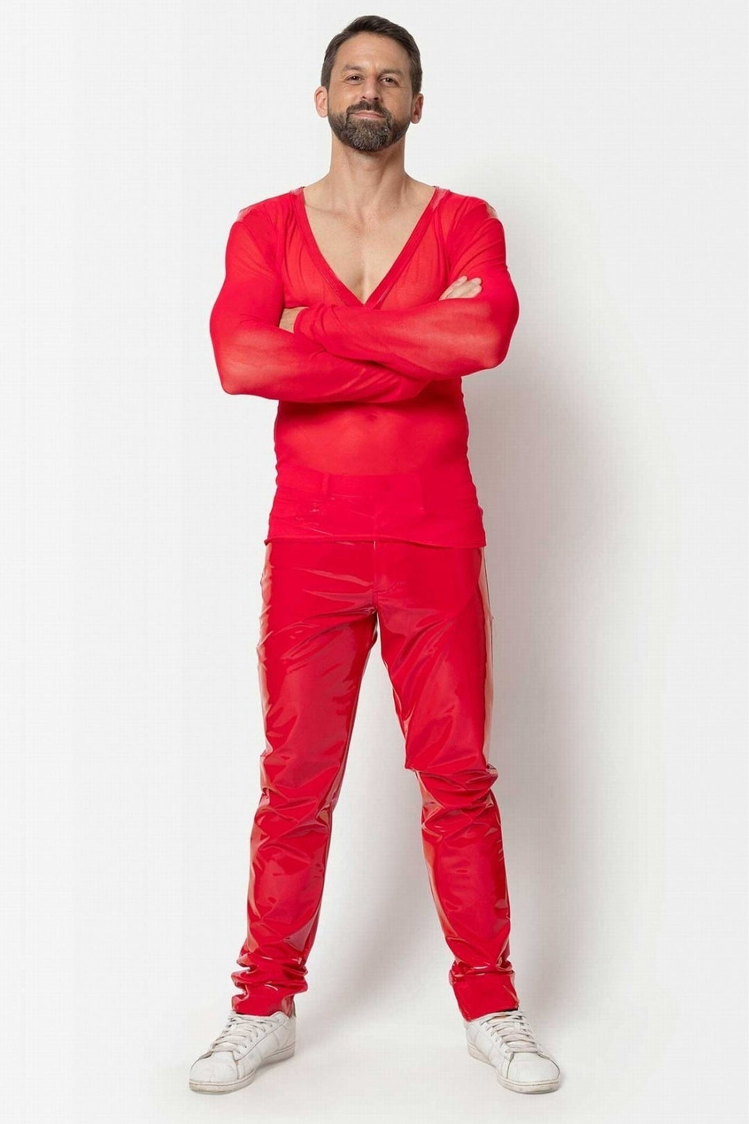L'HOMME SHAWN Hot Red Vinyl Trousers in Red 