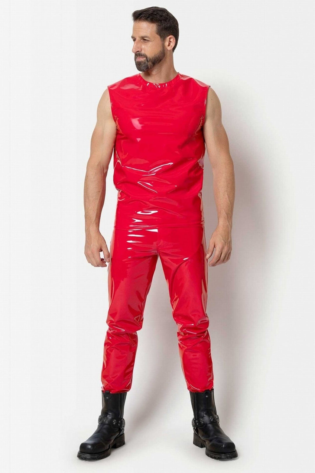 L'HOMME SHAWN Hot Red Vinyl Trousers in Red 