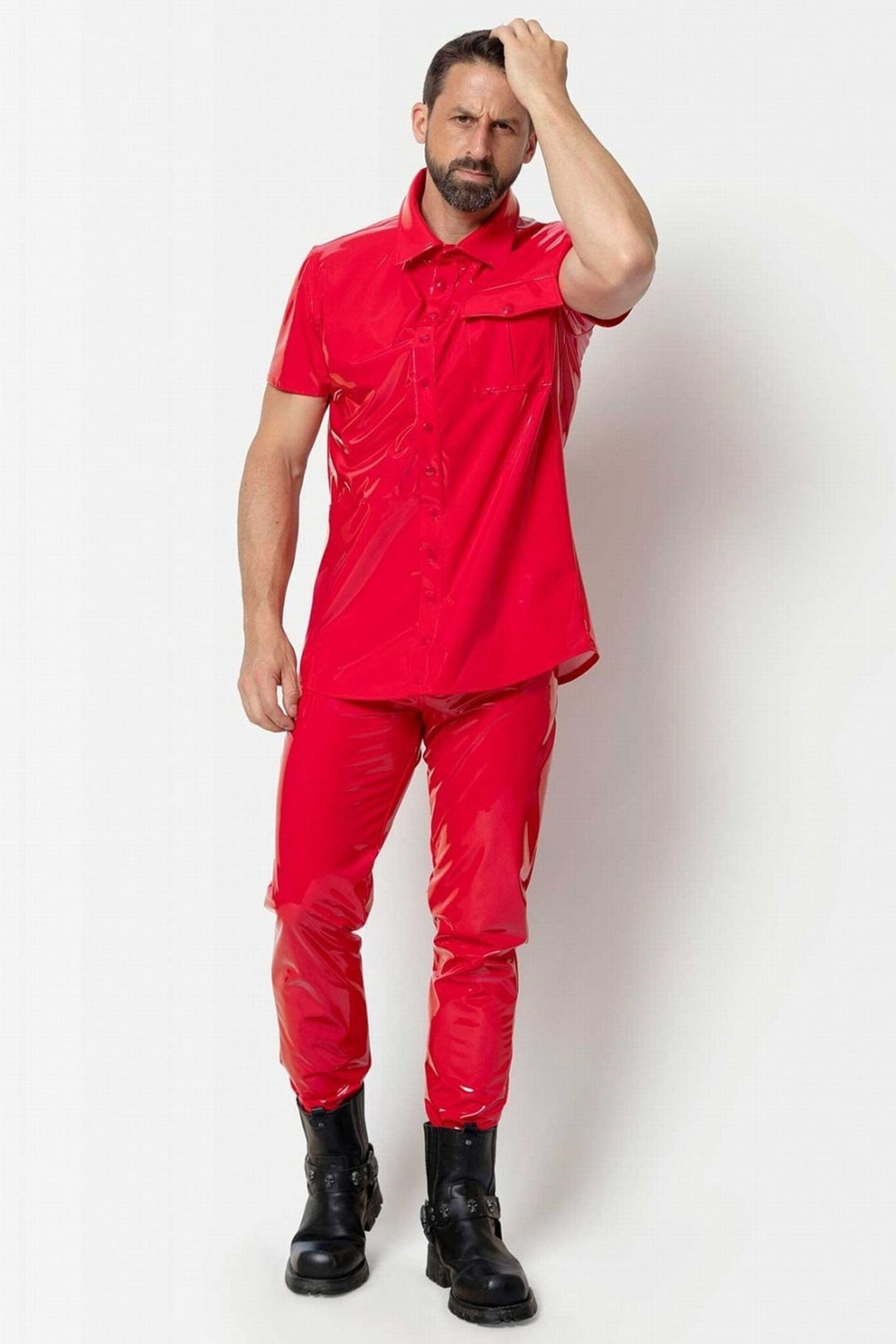L'HOMME SHAWN Hot Red Vinyl Trousers in Red 