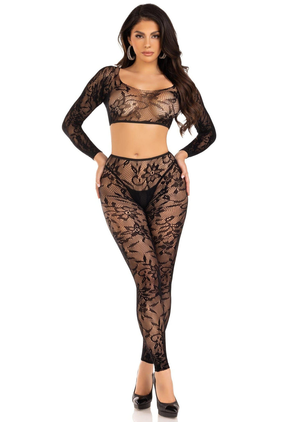 2 Piece Seamless Chantilly Lace Crop Top And Footless Tights-Lingerie Sets-SEXYSHOES.COM