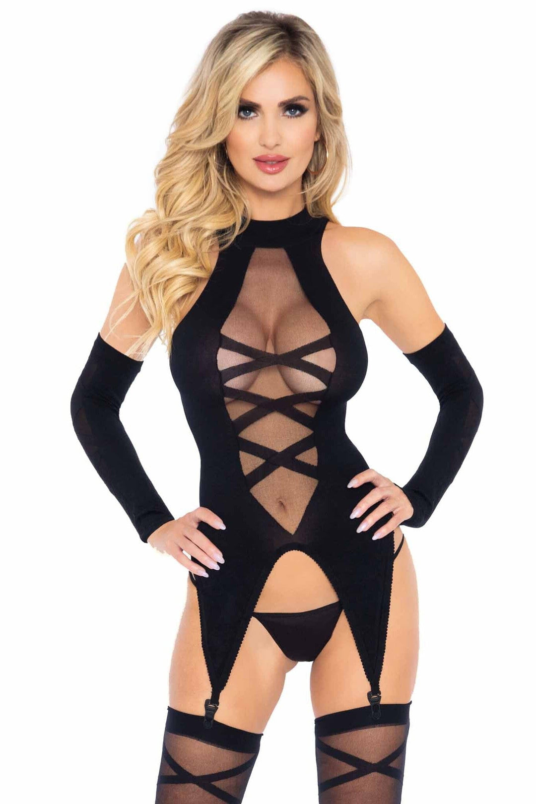 3 Piece Opaque Sheer Faux Lace Up Cami Garter, Stockings, Gloves Set-Lingerie Sets-SEXYSHOES.COM