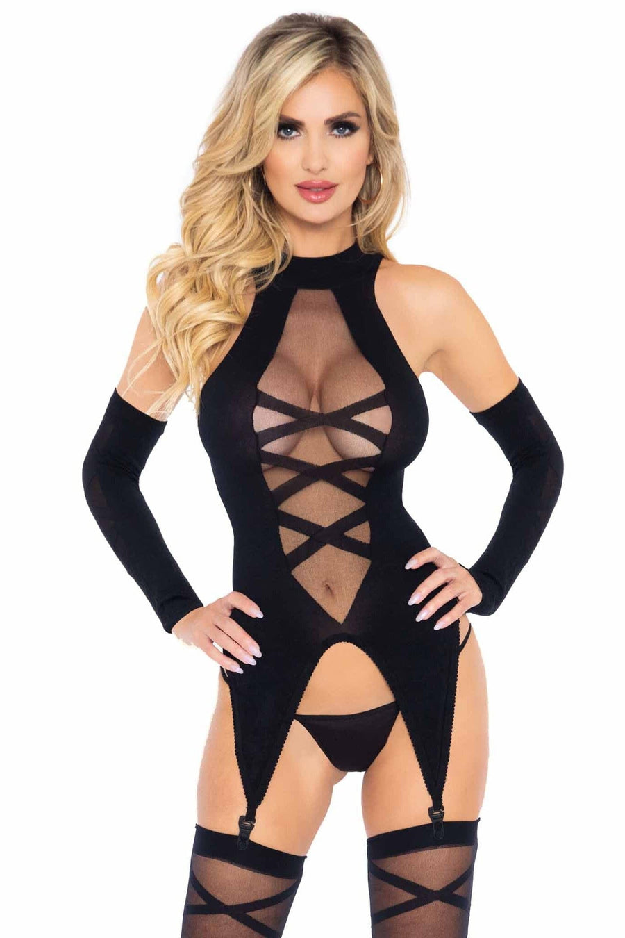 3 Piece Opaque Sheer Faux Lace Up Cami Garter, Stockings, Gloves Set-Lingerie Sets-SEXYSHOES.COM