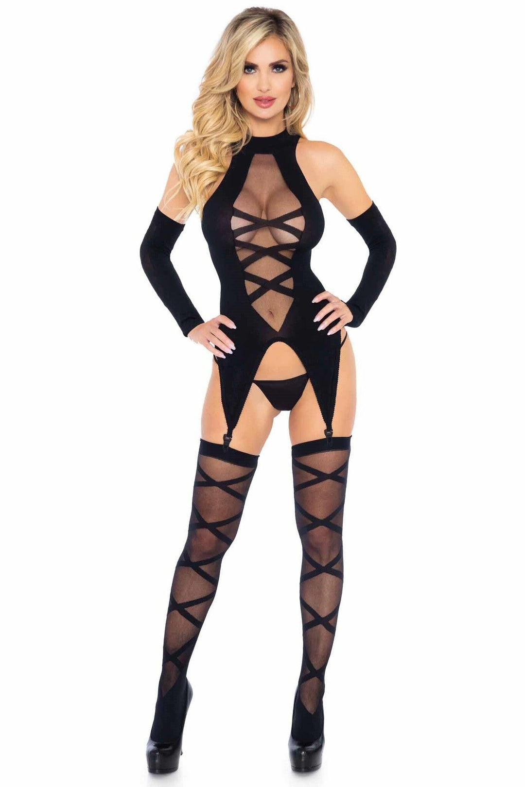 3 Piece Opaque Sheer Faux Lace Up Cami Garter, Stockings, Gloves Set-Lingerie Sets-SEXYSHOES.COM