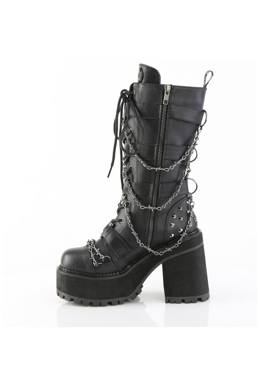 Demonia  ASSAULT-117 Knee Boot in Black Faux Leather