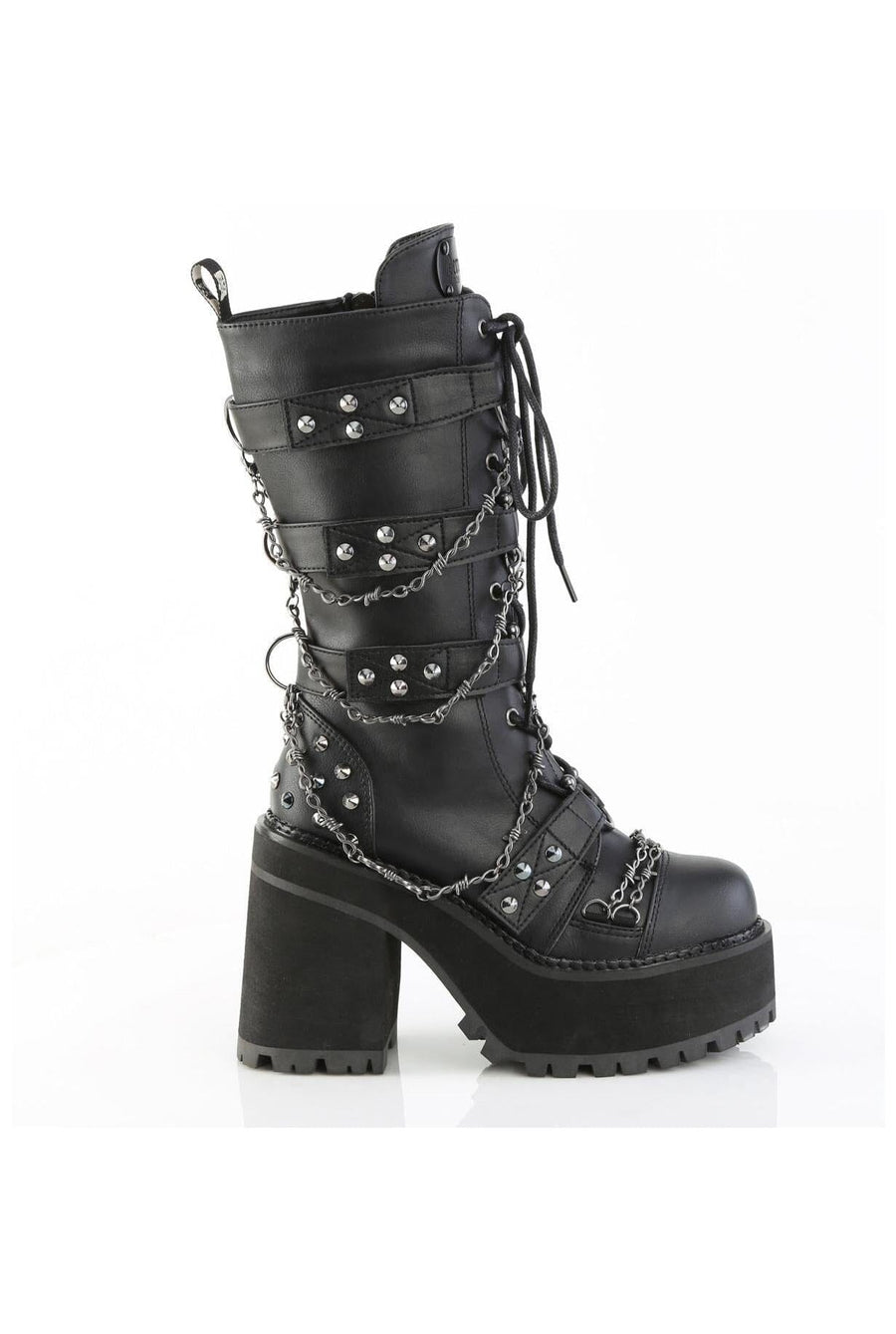 Demonia  ASSAULT-117 Knee Boot in Black Faux Leather