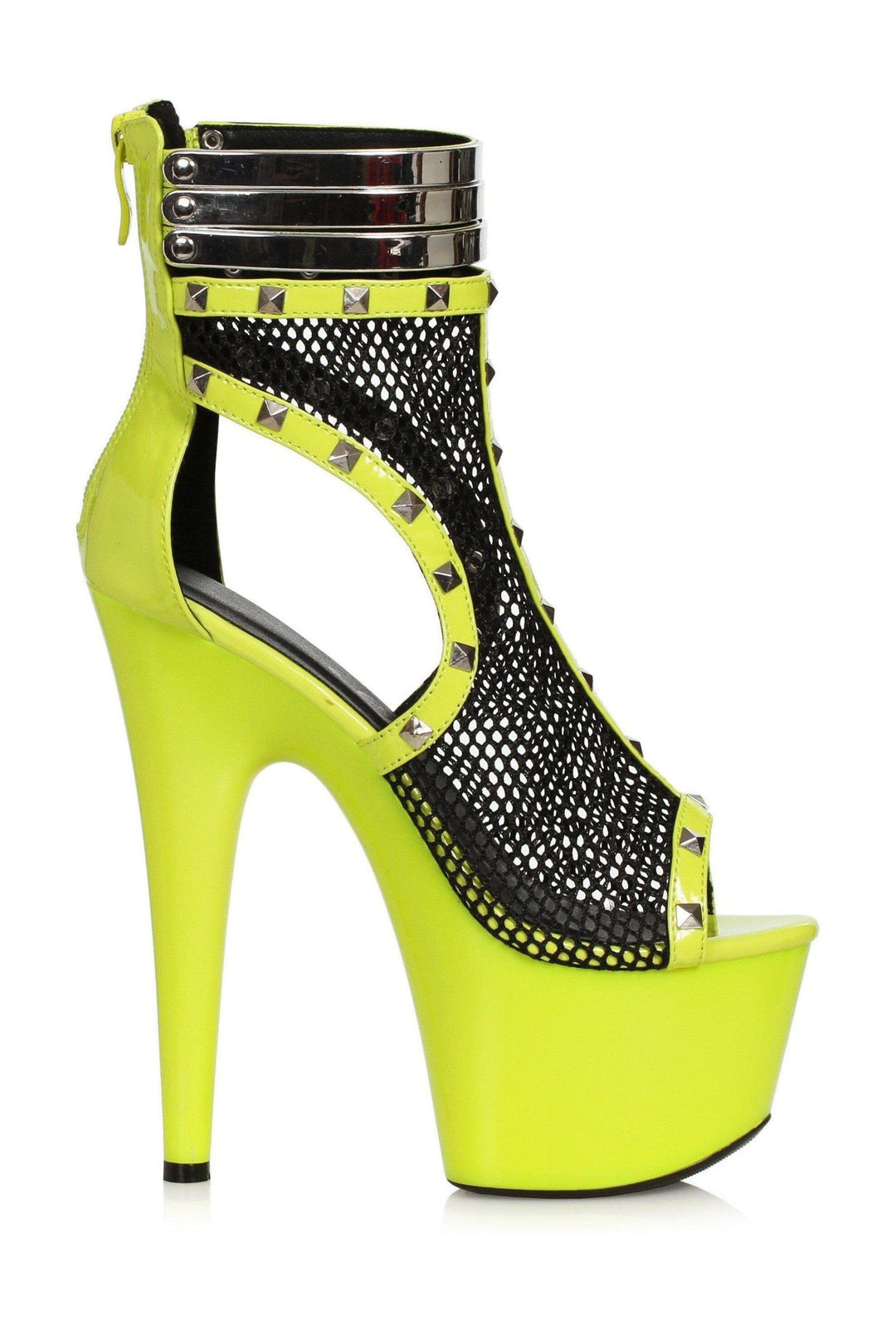 Ellie Brand SS Ellie Shoes 709 FORGE Stiletto Boot with Fishnet & Stud Embellishments in Yellow Faux Leather from SexyShoes.com