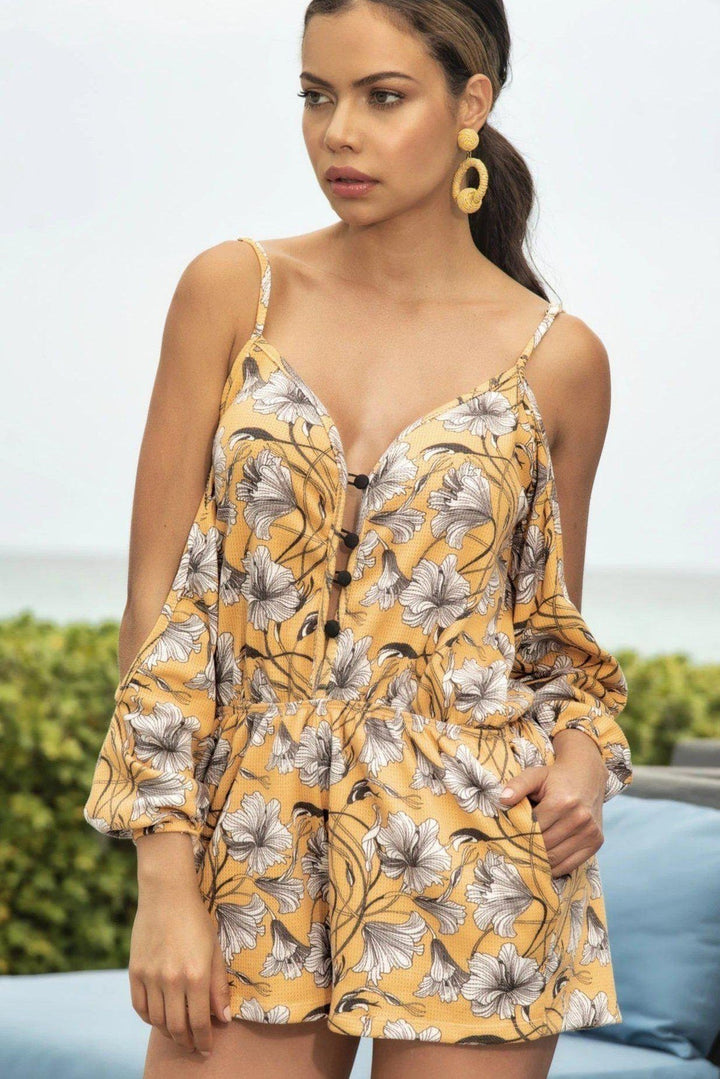 Floral Print Cold Shoulder Romper-Casual Rompers-Mapale-SEXYSHOES.COM