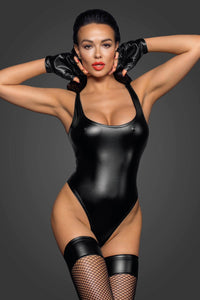 Noir Brand SS High Cut Powerwetlook Bodysuit in Black Wetlook from SexyShoes.com