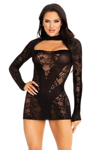 Leg Avenue Brand SS Lace Keyhole Mini Dress, Opaque Panel And Gloved Sleeves in Black  from SexyShoes.com