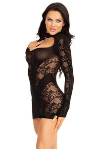 Lace Keyhole Mini Dress, Opaque Panel And Gloved Sleeves-Stripper Dresses-SEXYSHOES.COM