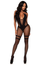 Opaque And Sheer Keyhole Twist Halter Bodystocking