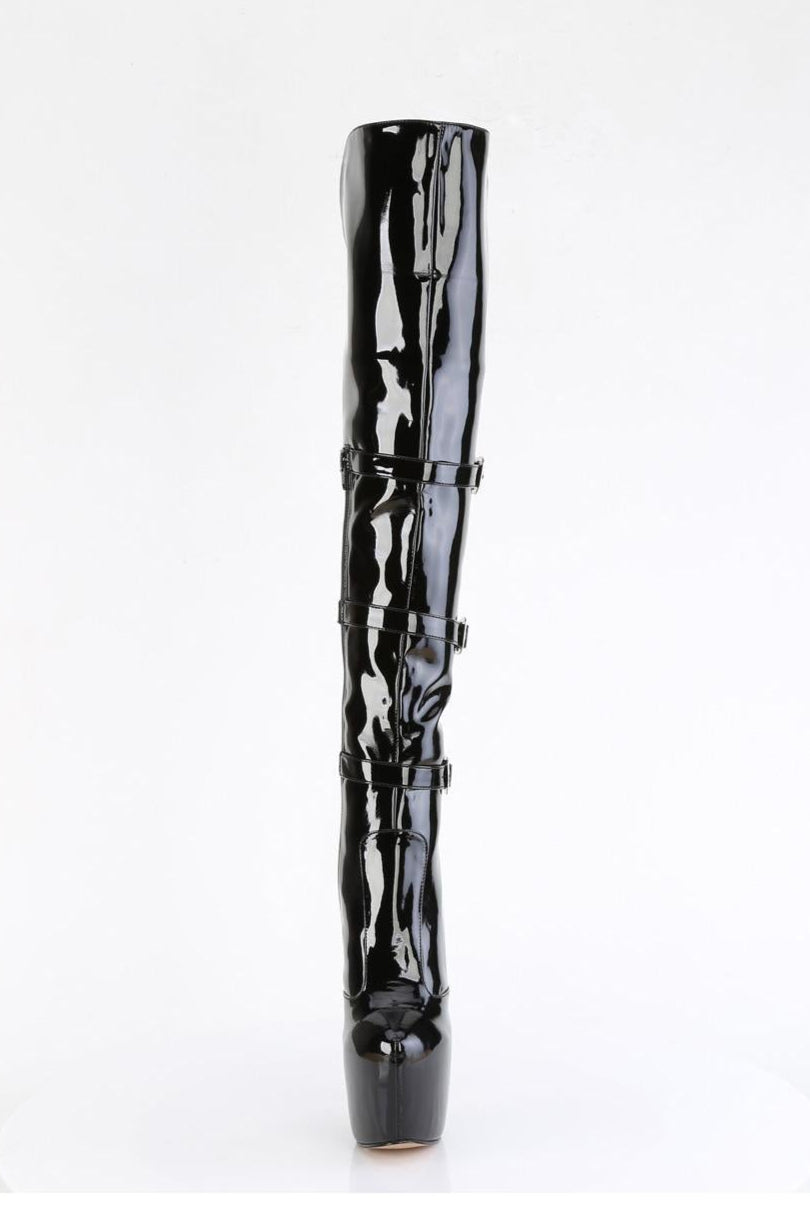 Pleaser Brand SS Pleaser JUBILANT 3018 Thigh Boot in Black Stretch Patent