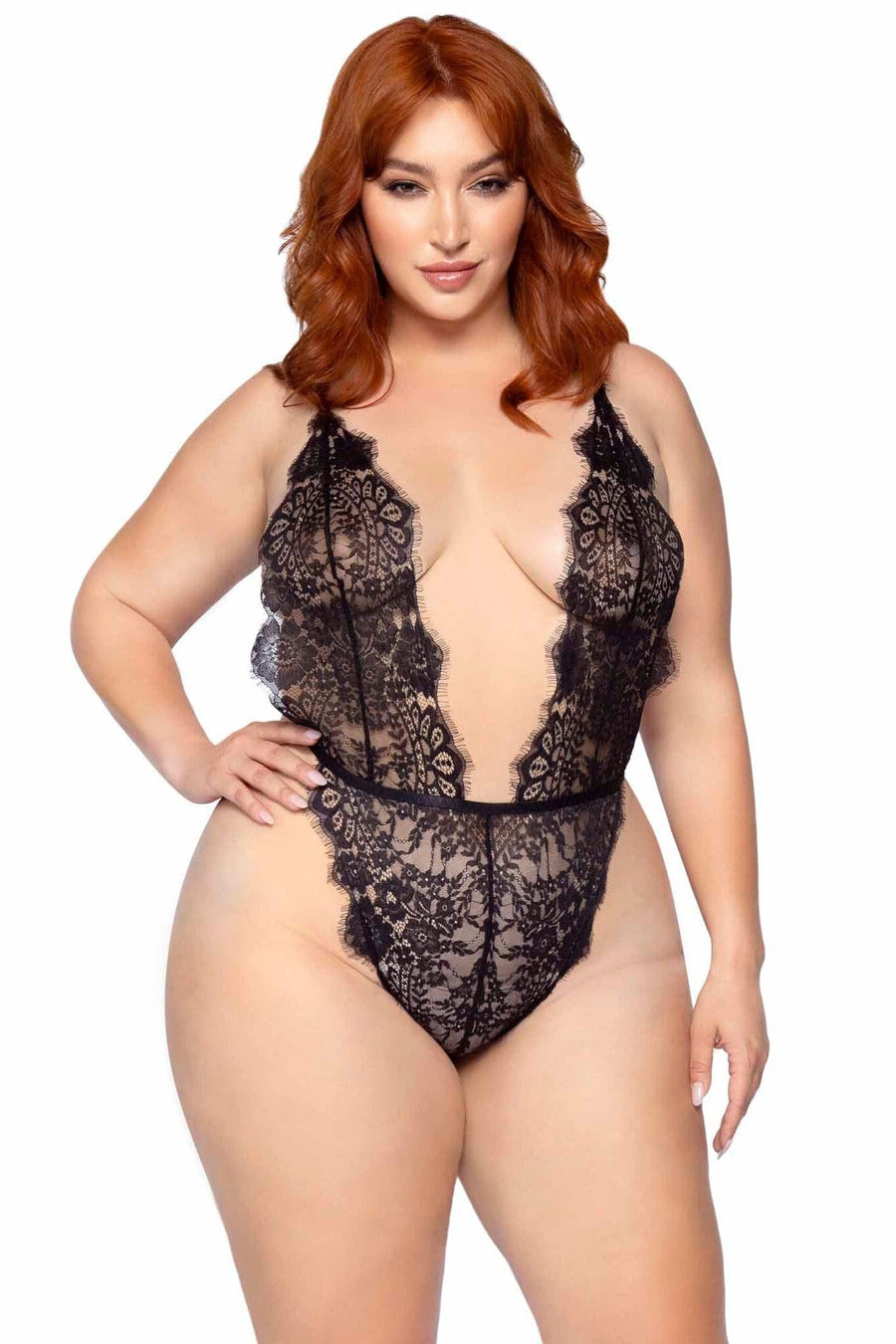 SS-Plus Size 3 Piece Floral Lace Teddy, Thong Back, Matching Robe & Satin Tie-Lingerie-SEXYSHOES.COM