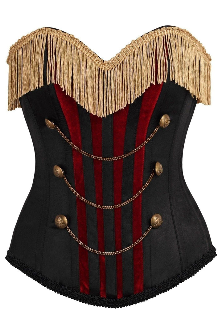 Top Drawer Burlesque Black/Dark Red Steel Boned Corset w/Gold Fringe-Overbust Corsets-SEXYSHOES.COM