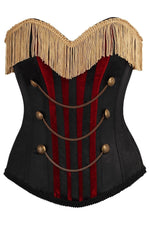 SS-Top Drawer Burlesque Black/Dark Red Steel Boned Corset w/Gold Fringe