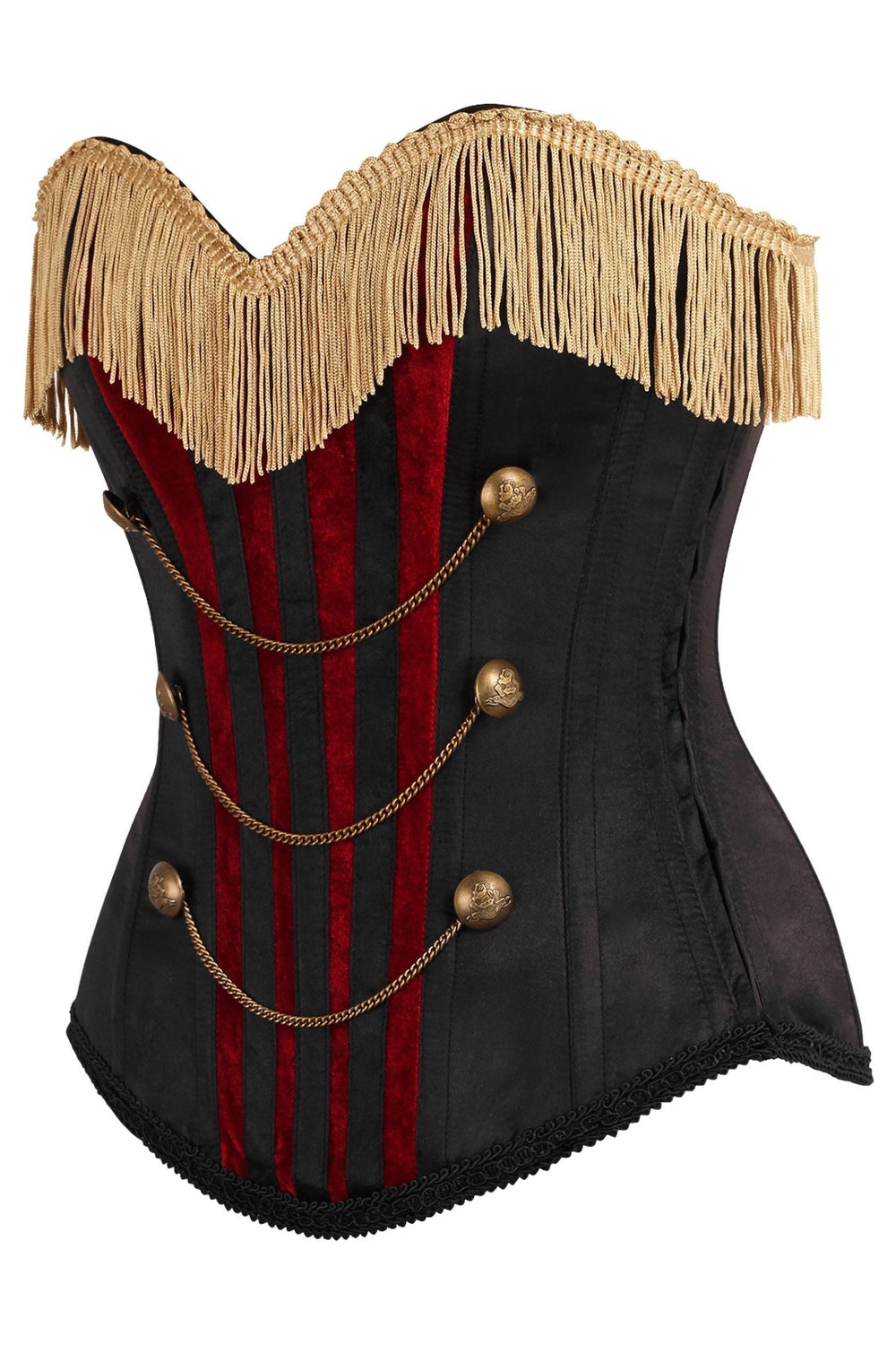 Daisy Corsets Top Drawer Burlesque Black/Dark Red Steel Boned Corset w/Gold Fringe in Red 