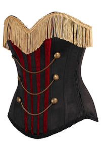 Daisy Corsets Top Drawer Burlesque Black/Dark Red Steel Boned Corset w/Gold Fringe in Red 