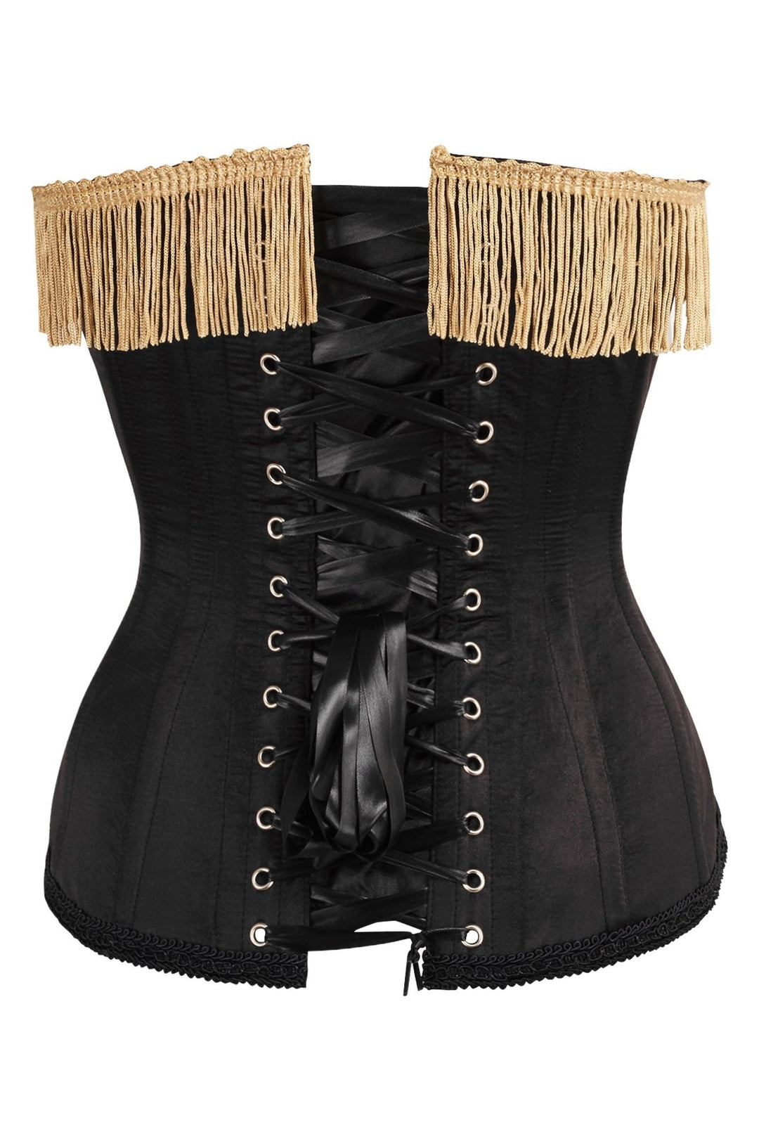 Daisy Corsets Top Drawer Burlesque Black/Dark Red Steel Boned Corset w/Gold Fringe in Red 