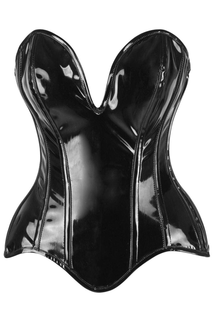 Daisy Corsets Top Drawer Steel Boned Black Patent Plunge Neckline Overbust Corset in Black  from SexyShoes.com