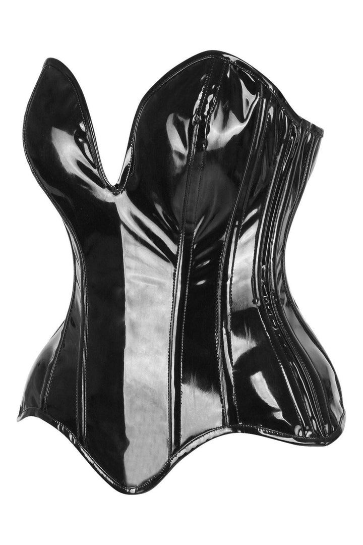 SS-Top Drawer Steel Boned Black Patent Plunge Neckline Overbust Corset