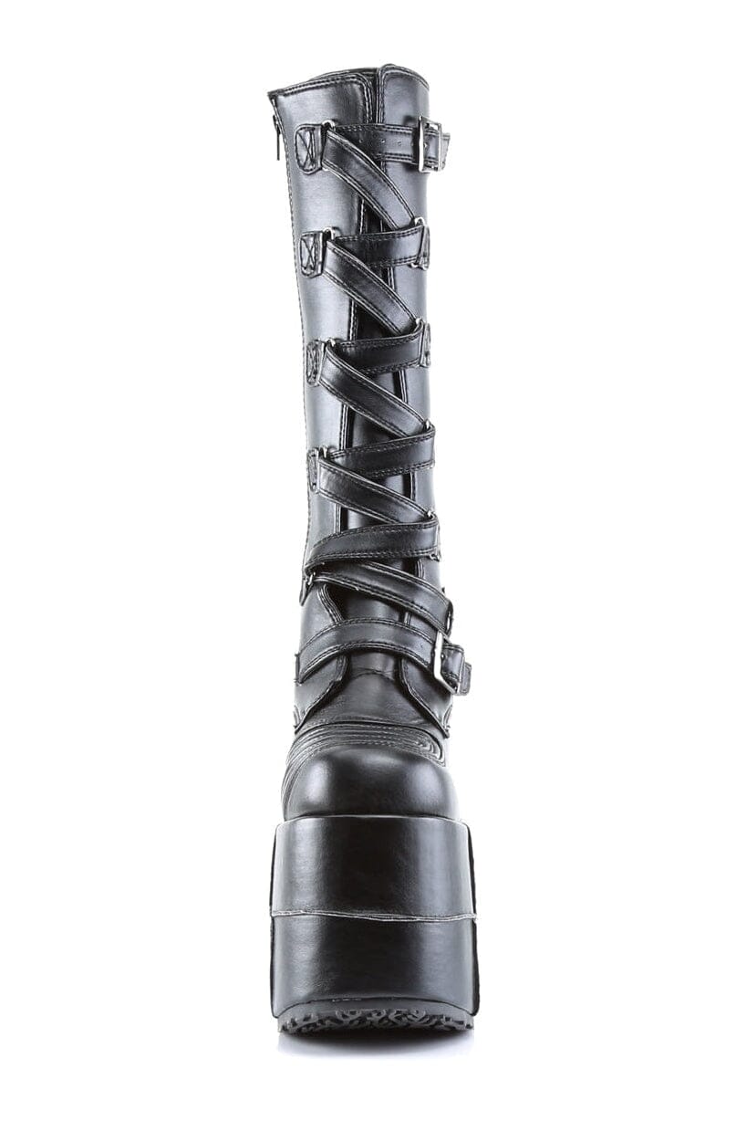 Demonia STACK-308 Black Vegan Leather Knee Boot in Black Vegan Leather
