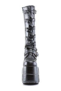 Demonia STACK-308 Black Vegan Leather Knee Boot in Black Vegan Leather