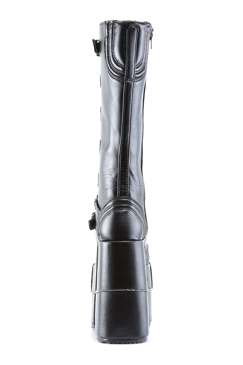 Demonia STACK-308 Black Vegan Leather Knee Boot in Black Vegan Leather