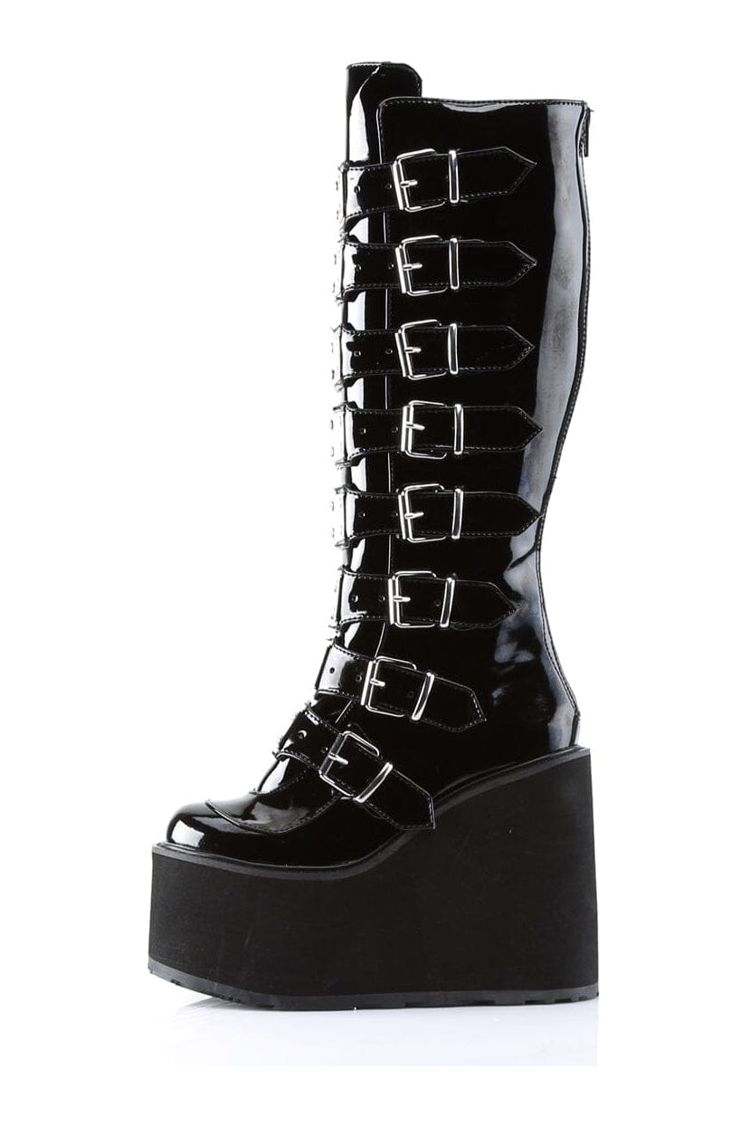 Demonia SWING-815 Black Patent Knee Boot in Black Patent