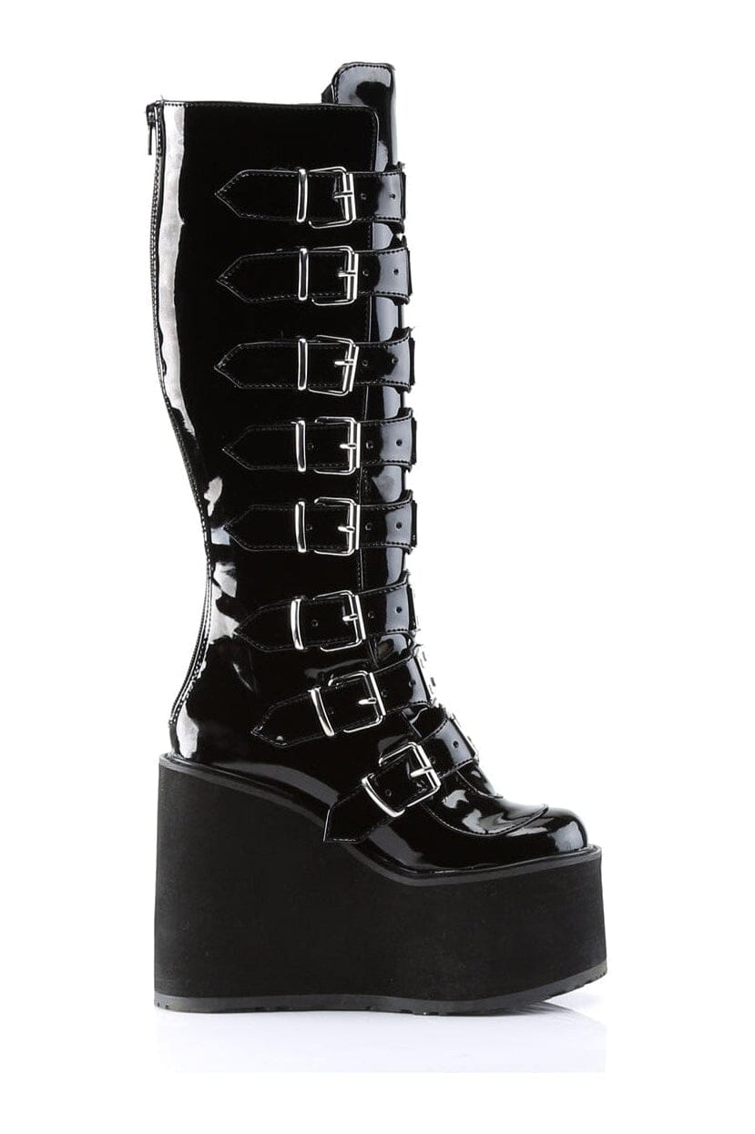 Demonia SWING-815 Black Patent Knee Boot in Black Patent
