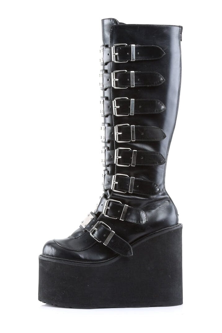 Demonia SWING-815 Black Vegan Leather Knee Boot in Black Vegan Leather