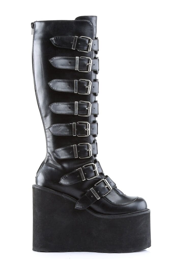 Demonia SWING-815 Black Vegan Leather Knee Boot in Black Vegan Leather