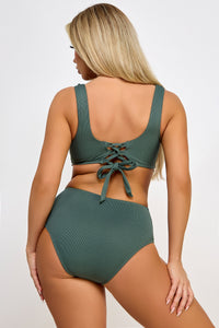 BeWicked Scallop Edge Mesh Bikini Set with Ruched High Waist in Green 