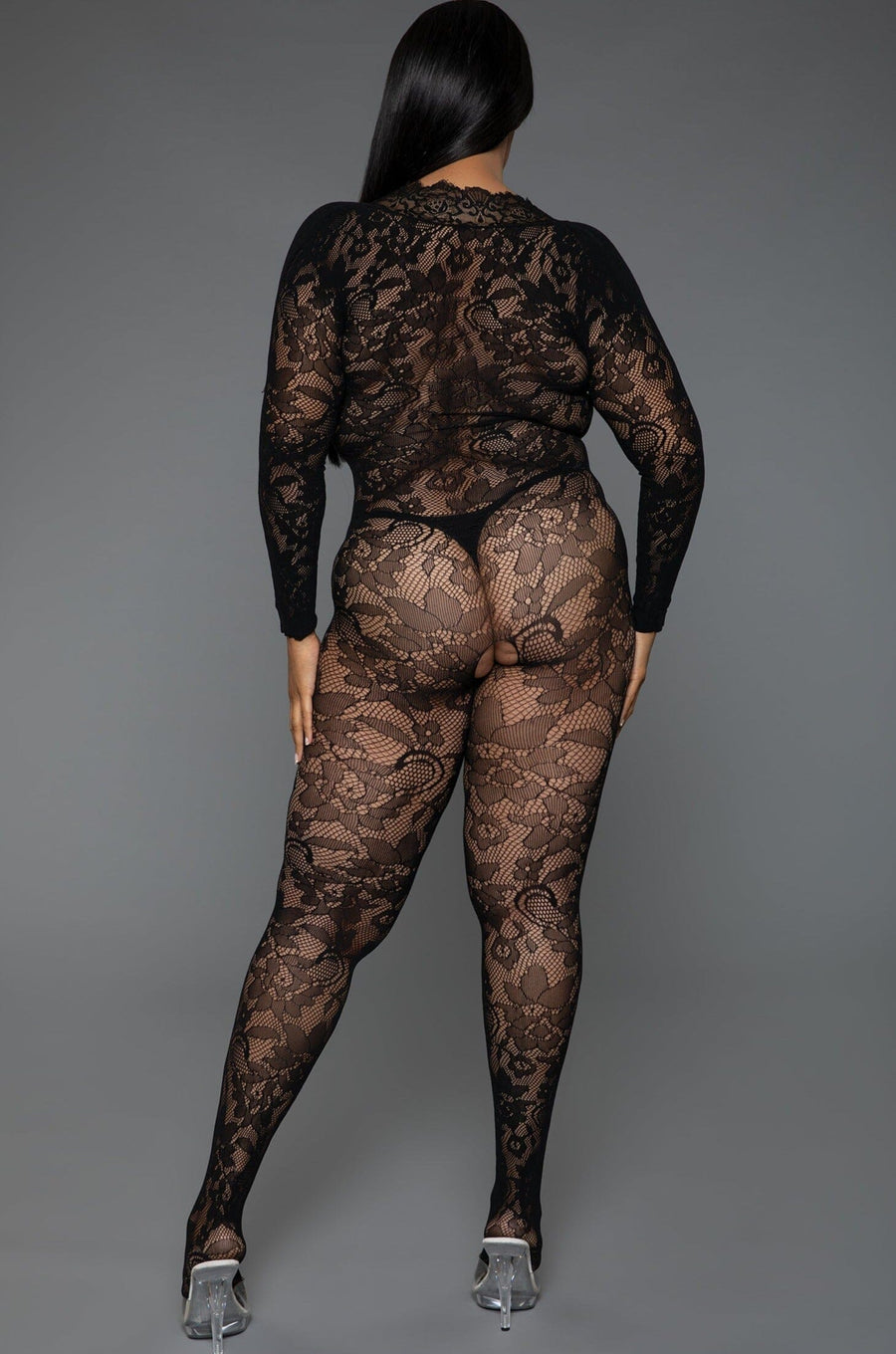 Scalloped Plunging V Neckline Bodysctocking-Bodystockings-SEXYSHOES.COM