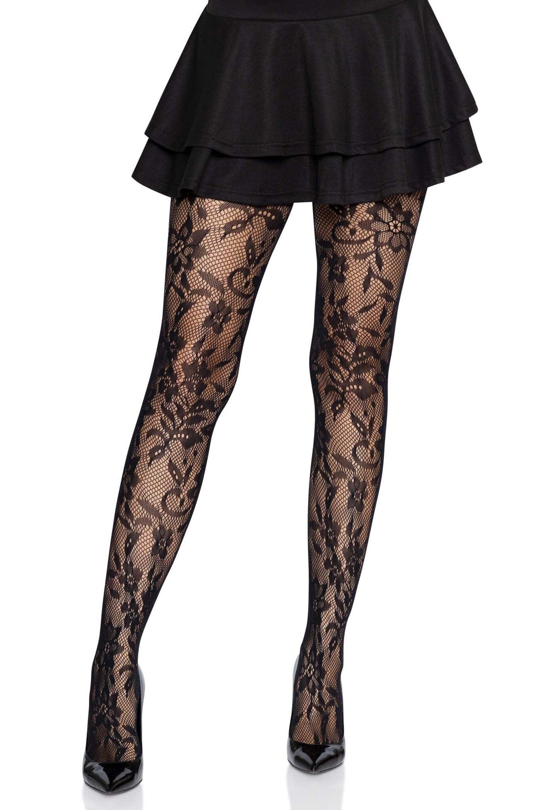 Leg Avenue Seamless Chantilly Floral Lace Tights in Black  from SexyShoes.com