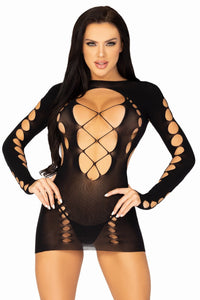 Seamless Cut-Out Long Sleeve Mini Dress, Faux Lace-Up-Stripper Dresses-SEXYSHOES.COM